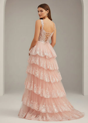 A-Line Lace Off-the-Shoulder Tiered Long Prom Dress with Slit – Prom Dress by KissProm | Available at KissProm