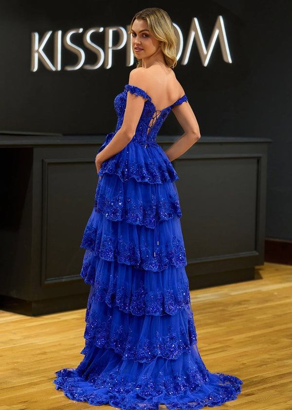 A-Line Lace Off-the-Shoulder Tiered Long Prom Dress with Slit – Prom Dress by KissProm | Available at KissProm