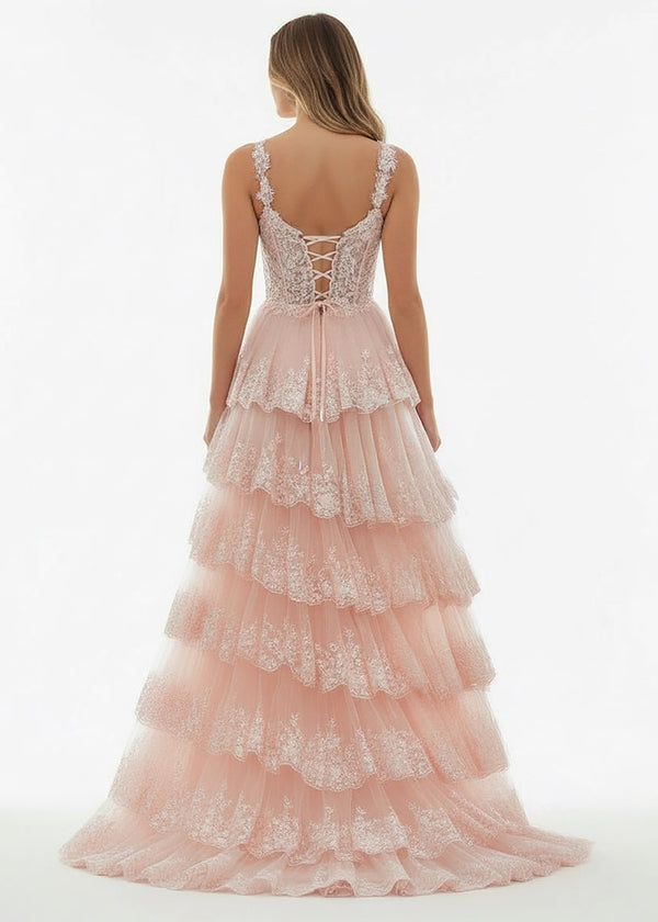 A-Line Lace Off-the-Shoulder Tiered Long Prom Dress with Slit – Prom Dress by KissProm | Available at KissProm