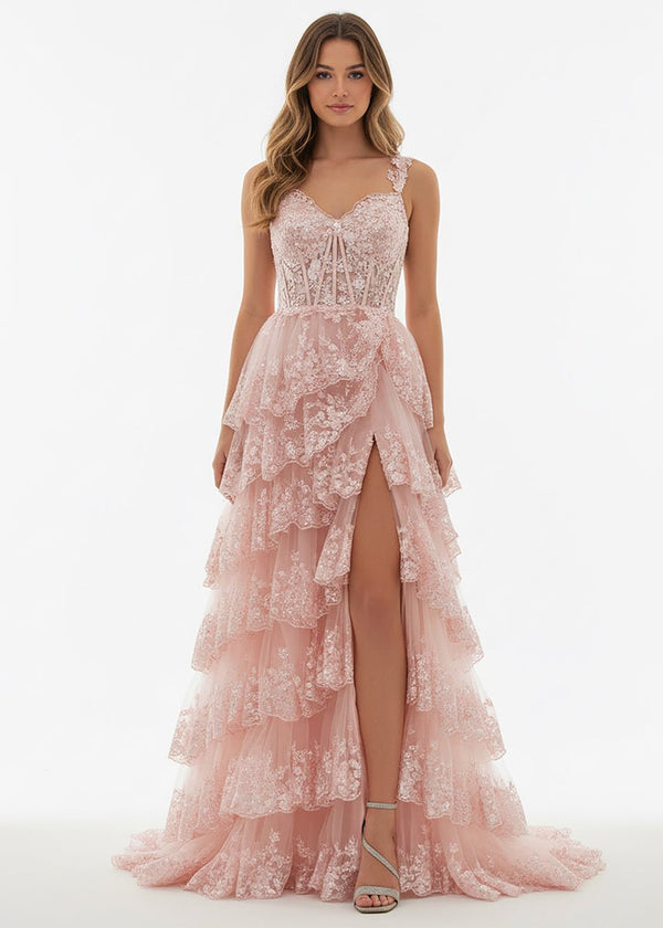 A-Line Lace Off-the-Shoulder Tiered Long Prom Dress with Slit – Prom Dress by KissProm | Available at KissProm