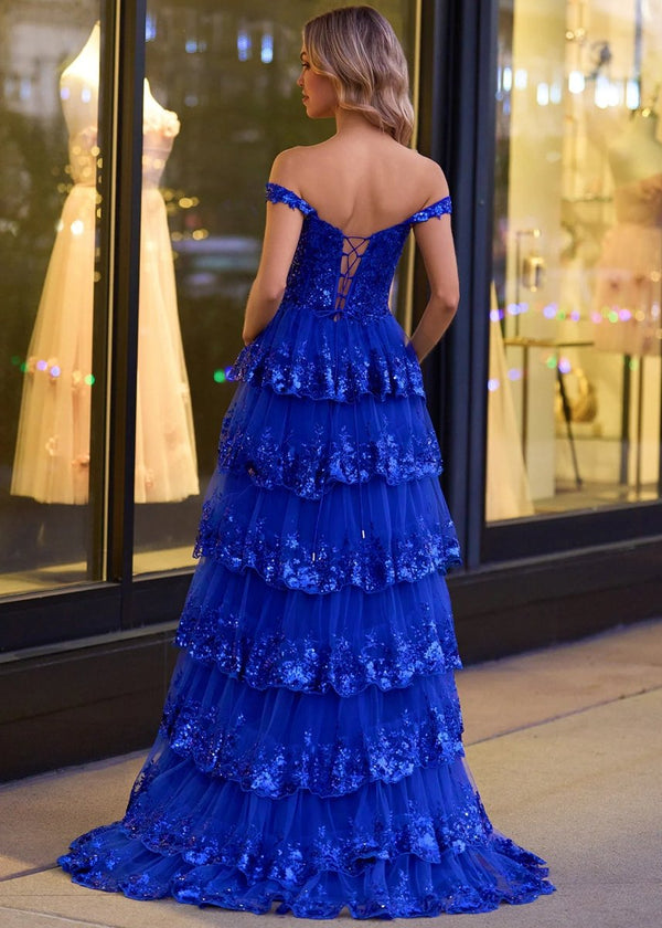 A-Line Lace Off-the-Shoulder Tiered Long Prom Dress with Slit – Prom Dress by KissProm | Available at KissProm