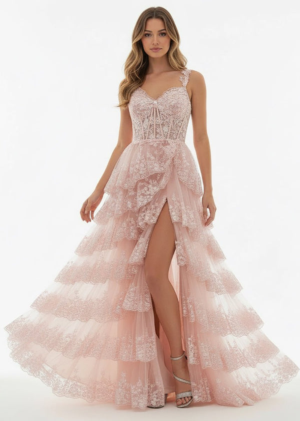 A-Line Lace Off-the-Shoulder Tiered Long Prom Dress with Slit – Prom Dress by KissProm | Available at KissProm
