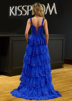 A-Line Lace Off-the-Shoulder Tiered Long Prom Dress with Slit – Prom Dress by KissProm | Available at KissProm