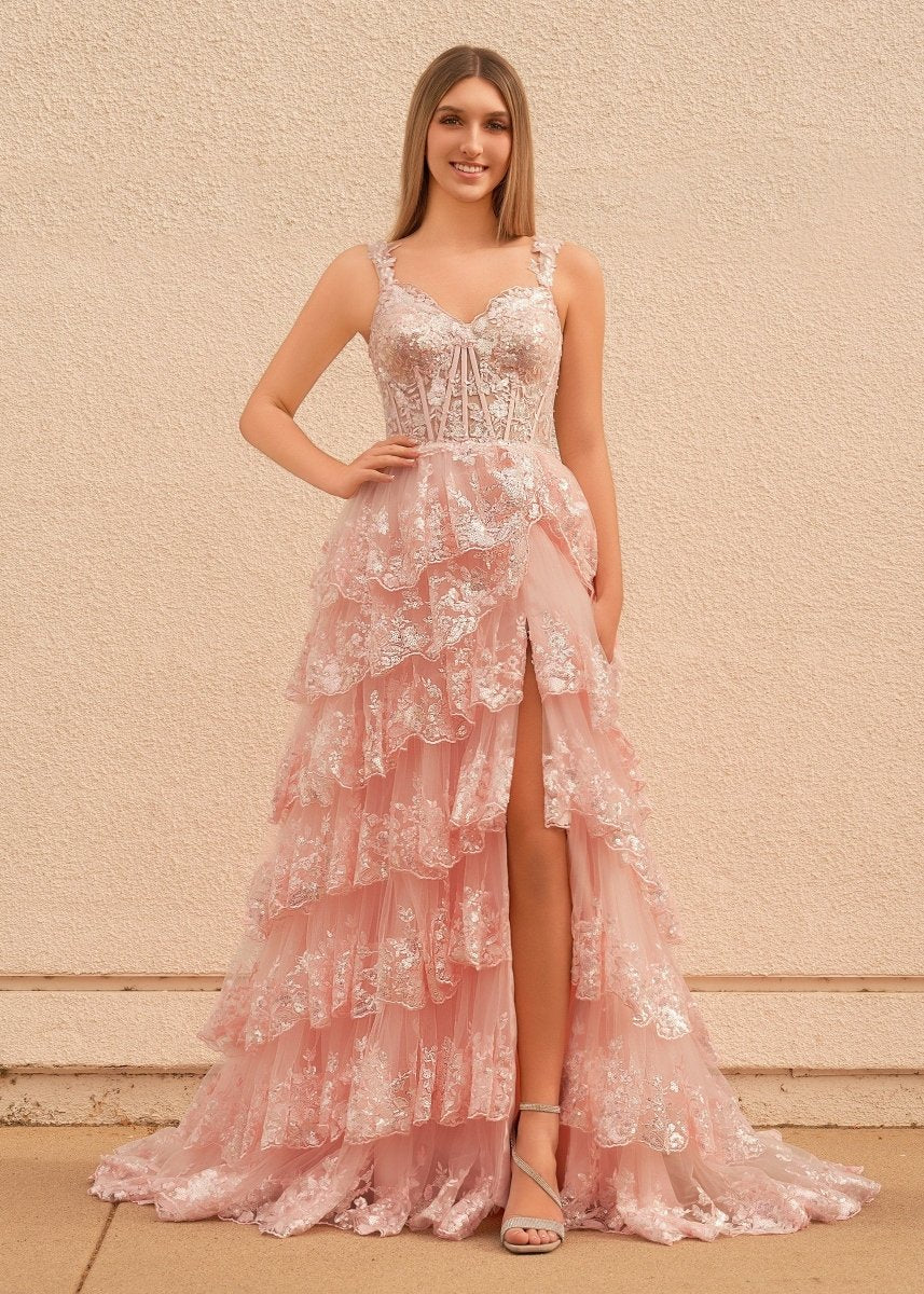 A-Line Lace Off-the-Shoulder Tiered Long Prom Dress with Slit – Prom Dress by KissProm | Available at KissProm