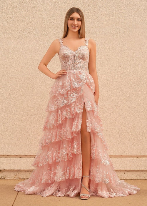 A-Line Lace Off-the-Shoulder Tiered Long Prom Dress with Slit – Prom Dress by KissProm | Available at KissProm