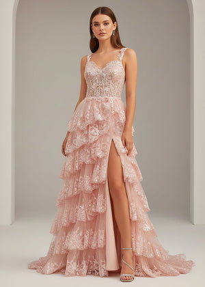 A-Line Lace Off-the-Shoulder Tiered Long Prom Dress with Slit – Prom Dress by KissProm | Available at KissProm