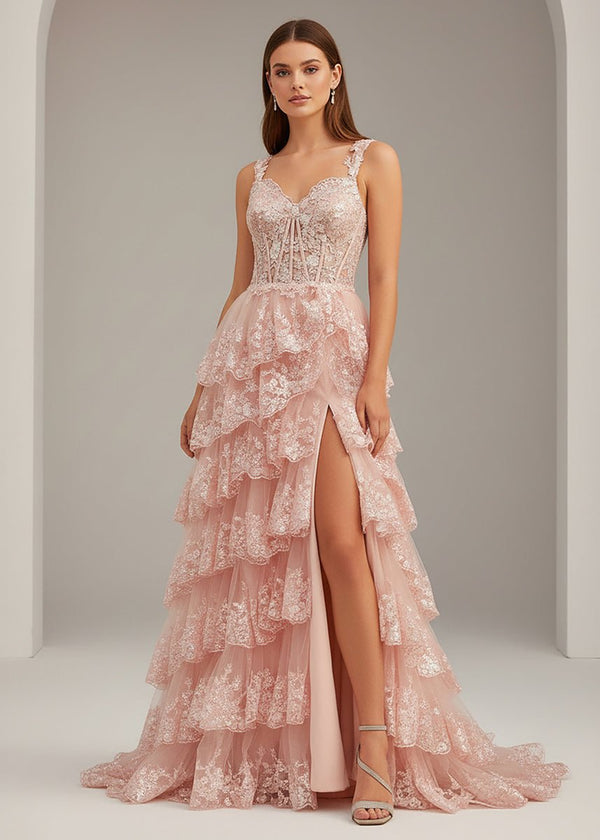 A-Line Lace Off-the-Shoulder Tiered Long Prom Dress with Slit – Prom Dress by KissProm | Available at KissProm