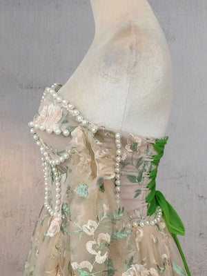 A - Line Light Green Sweetheart Pearl Wedding Dress - KissProm