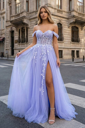 A Line Off the Shoulder Lace Tulle Prom Dress With Slit - KissProm