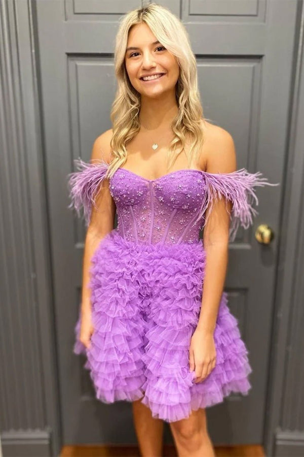 Olivia | A Line Off the Shoulder Light Blue Short Homecoming Dress with Feather