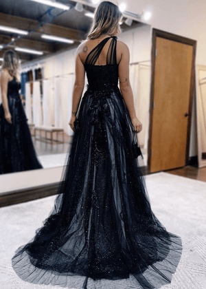 A Line One Shoulder Black Long Prom Dress with Appliques – Prom Dress by KissProm | Available at KissProm