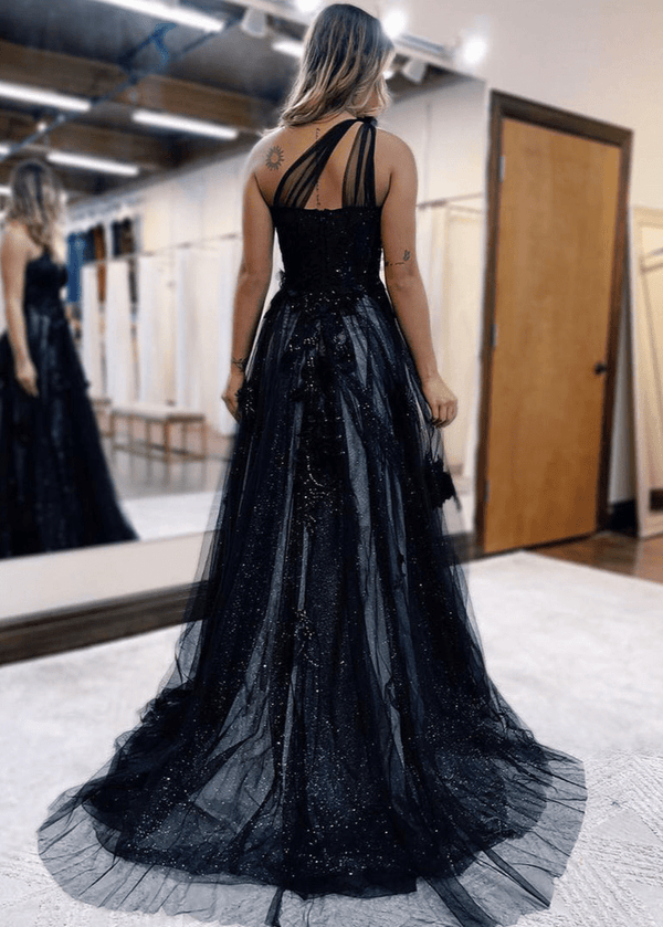 A Line One Shoulder Black Long Prom Dress with Appliques – Prom Dress by KissProm | Available at KissProm