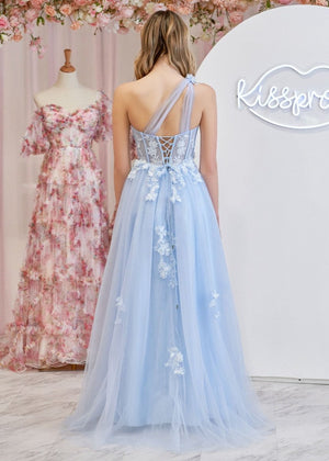 A Line One Shoulder Black Long Prom Dress with Appliques – Prom Dress by KissProm | Available at KissProm