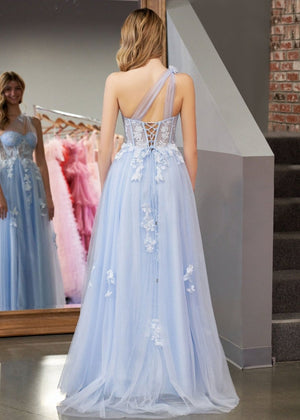 A Line One Shoulder Black Long Prom Dress with Appliques – Prom Dress by KissProm | Available at KissProm