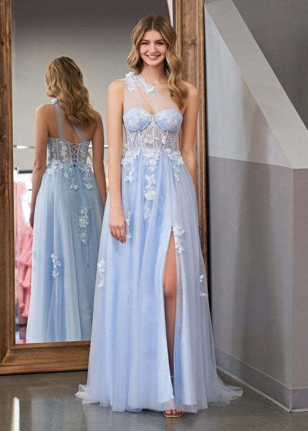 A Line One Shoulder Black Long Prom Dress with Appliques – Prom Dress by KissProm | Available at KissProm