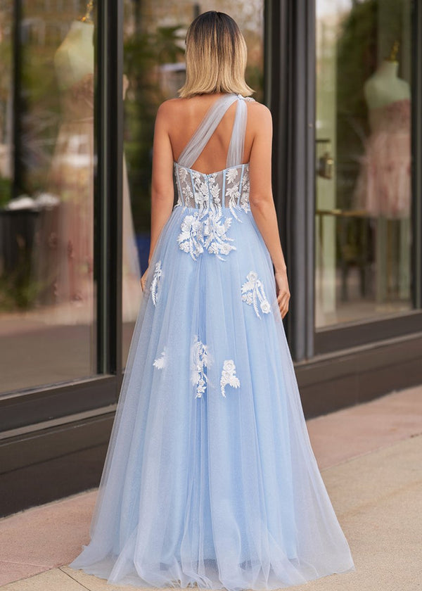 A Line One Shoulder Black Long Prom Dress with Appliques – Prom Dress by KissProm | Available at KissProm