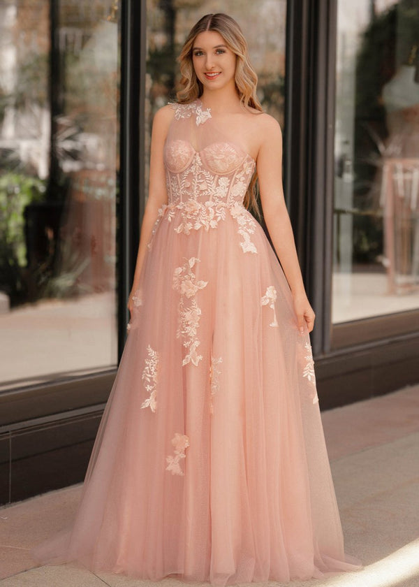 A Line One Shoulder Black Long Prom Dress with Appliques – Prom Dress by KissProm | Available at KissProm