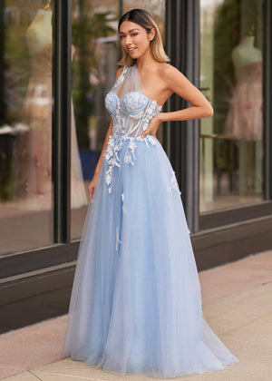 A Line One Shoulder Black Long Prom Dress with Appliques – Prom Dress by KissProm | Available at KissProm