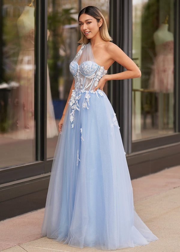A Line One Shoulder Black Long Prom Dress with Appliques – Prom Dress by KissProm | Available at KissProm