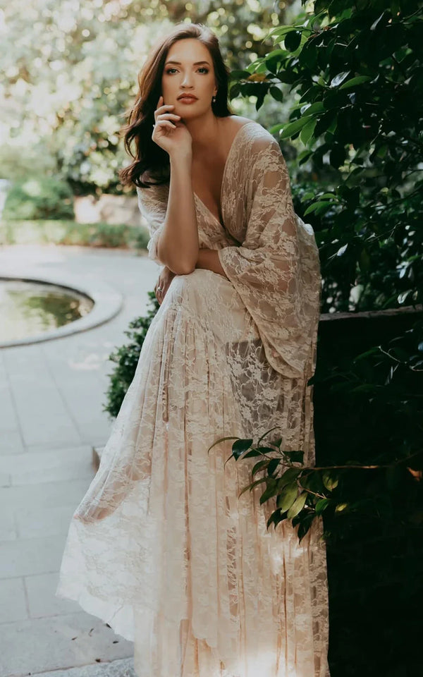 Elysia | A-Line Plunging Neckline Lace Wedding Dress With Open Back