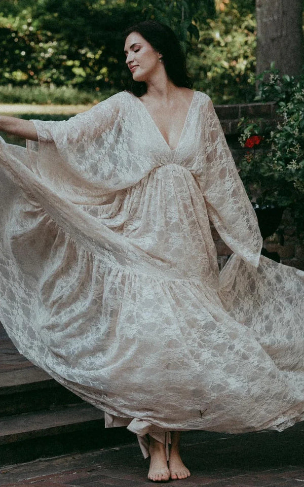 Elysia | A-Line Plunging Neckline Lace Wedding Dress With Open Back
