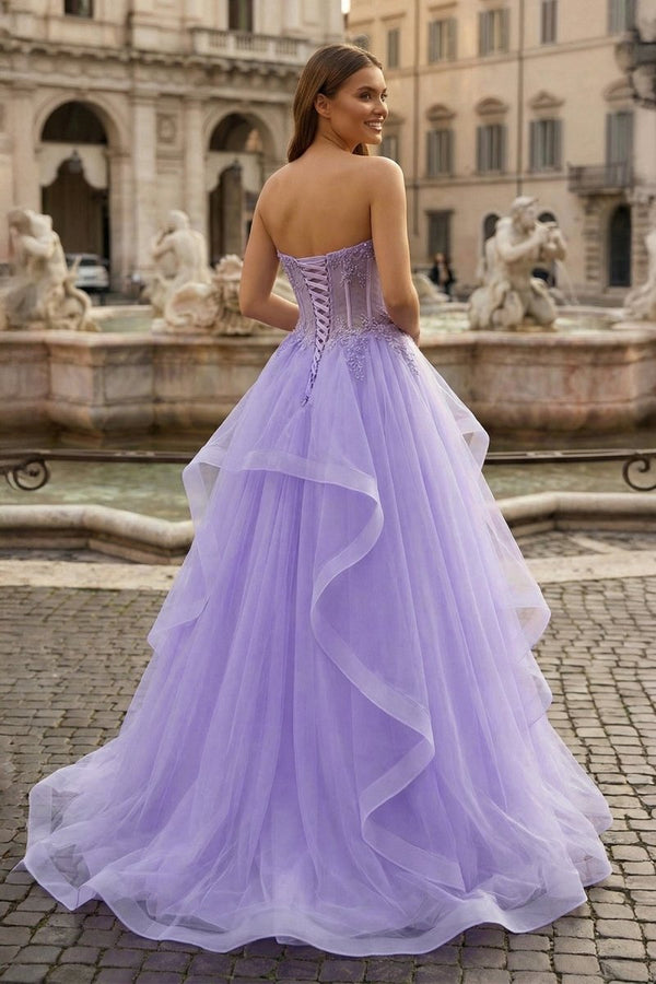 A - line Sweetheart Sleeveless Sweep Train Tulle Prom Dress With Beading Appliqued - KissProm