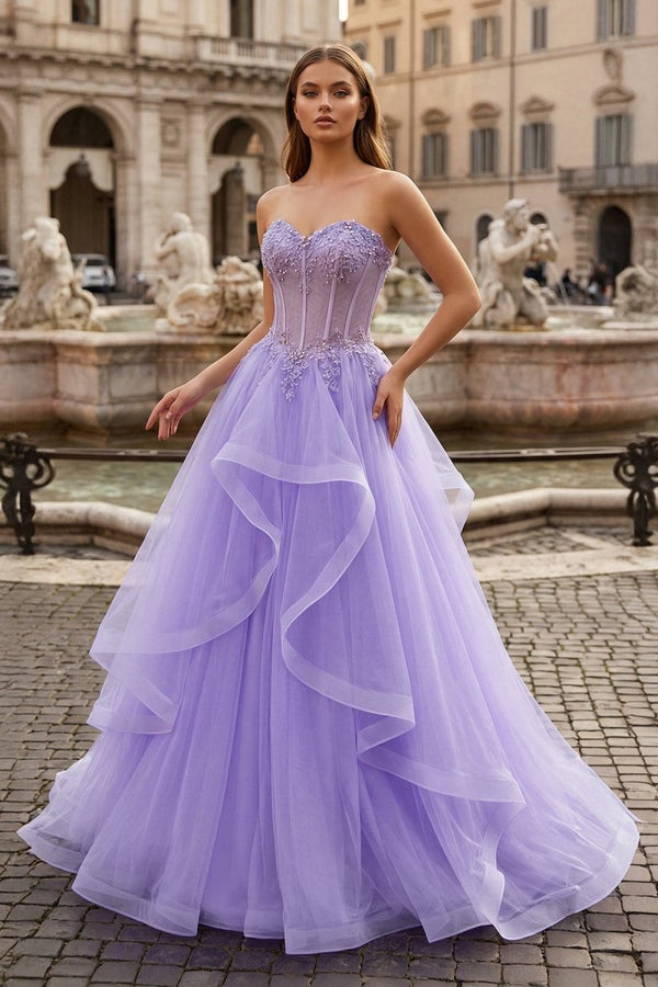 A - line Sweetheart Sleeveless Sweep Train Tulle Prom Dress With Beading Appliqued - KissProm