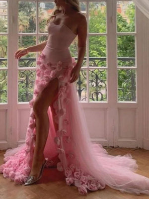 KissProm-A Line Sexy Sweetheart Sleeveless Pink Slit Flowers Prom Dress