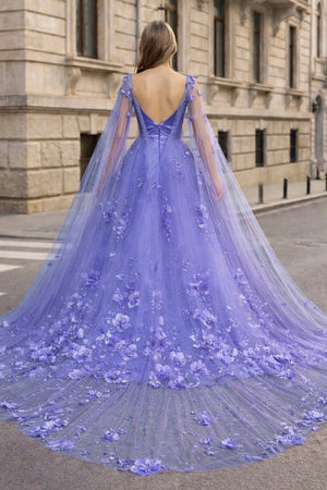 Lavender 3D Floral Lace A - Line Prom Dress with Cape Sleeves - KissProm