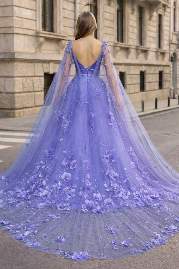 Lavender 3D Floral Lace A - Line Prom Dress with Cape Sleeves - KissProm