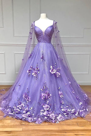 Lavender 3D Floral Lace A-Line Prom Dress with Cape Sleeves