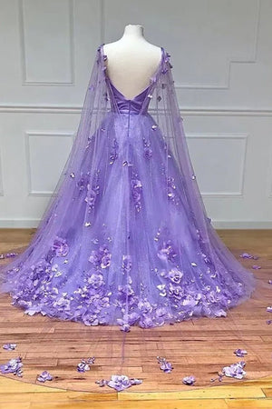 Lavender 3D Floral Lace A-Line Prom Dress with Cape Sleeves