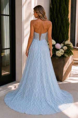 A-line Strapless Blue Long Prom Dresses Unique Evening Dress