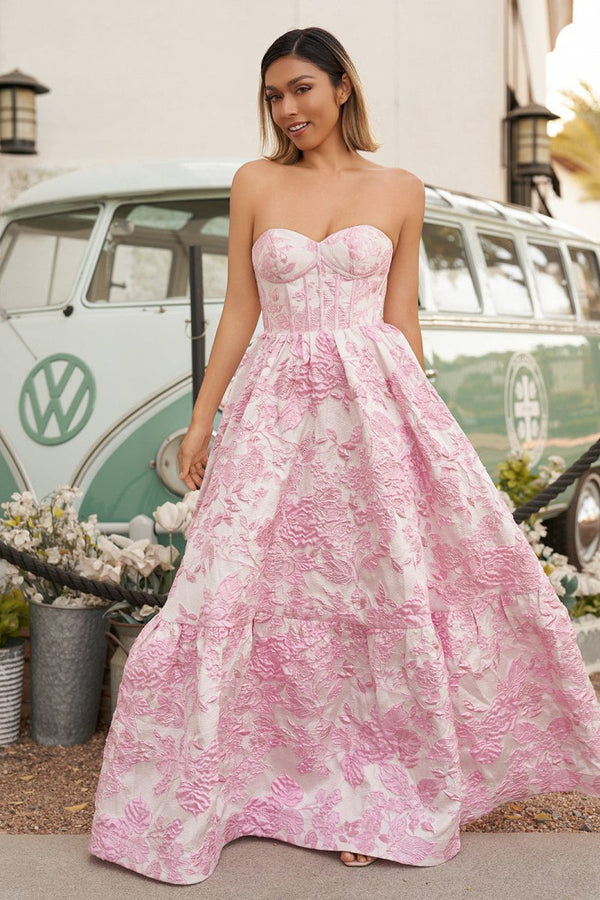 Delice | Pink - A-Line Sweetheart Floral Printed Long Prom Dresses -KissProm