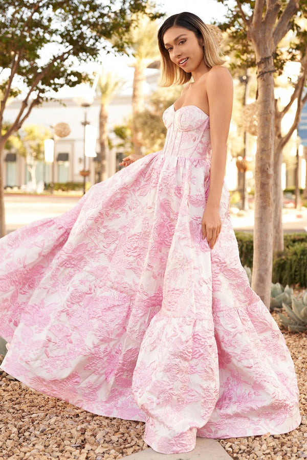 Delice | Pink - A-Line Sweetheart Floral Printed Long Prom Dresses -KissProm
