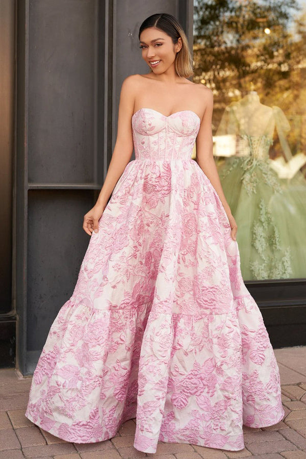 Delice | Pink - A-Line Sweetheart Floral Printed Long Prom Dresses -KissProm