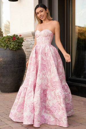 Delice | Pink - A-Line Sweetheart Floral Printed Long Prom Dresses -KissProm