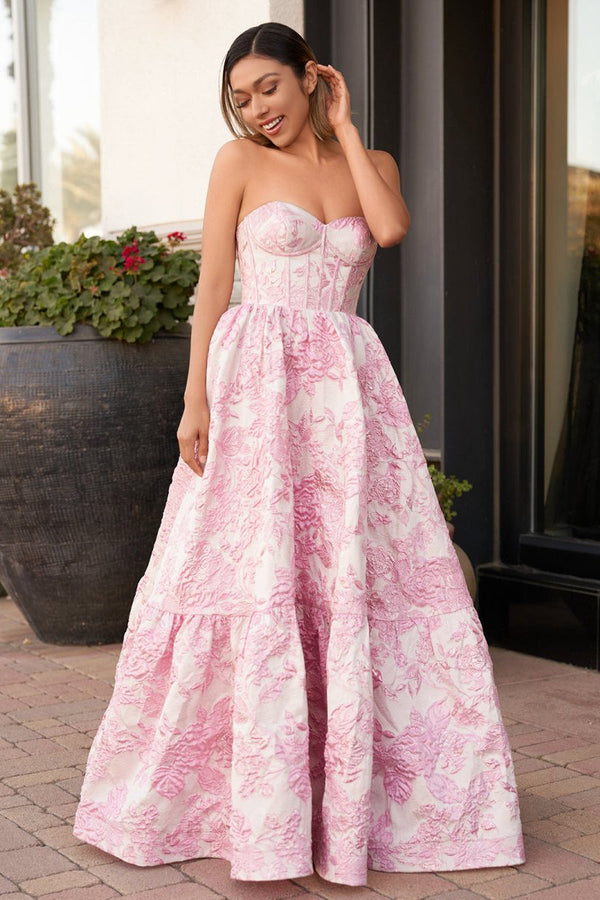 Delice | Pink - A-Line Sweetheart Floral Printed Long Prom Dresses -KissProm