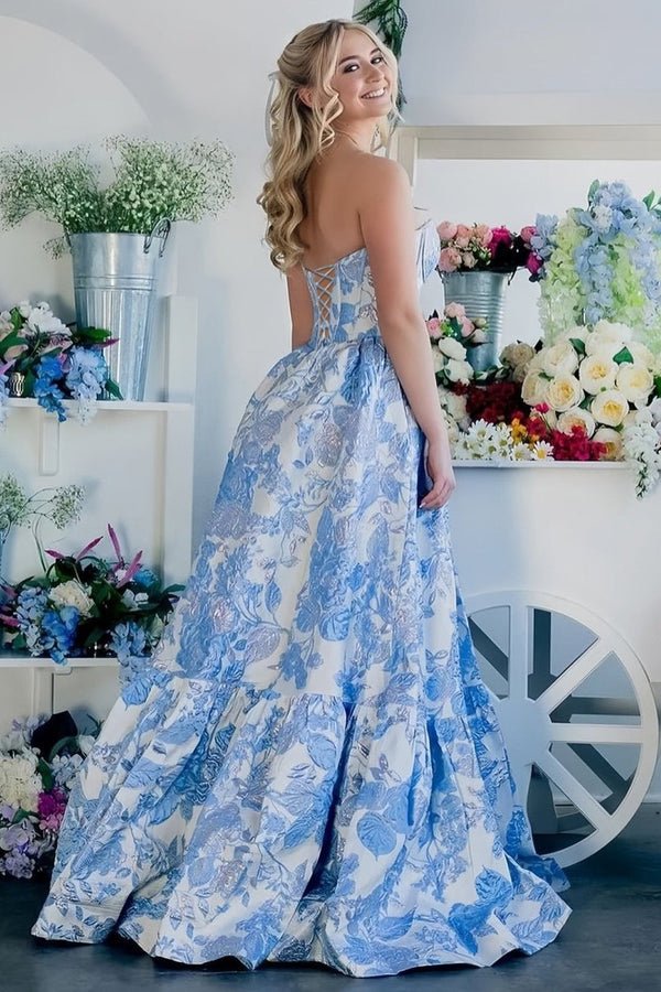 Delice | Blue - A-Line Sweetheart Floral Printed Long Prom Dresses -KissProm