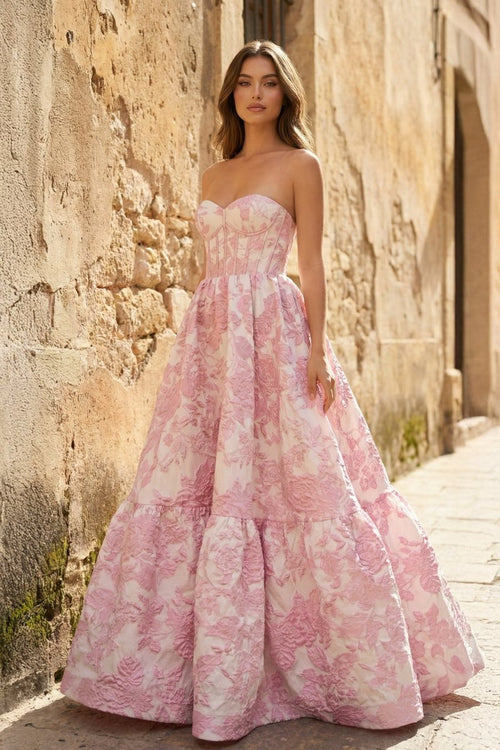 A - Line Sweetheart Floral Printed Long Prom Dresses - KissProm