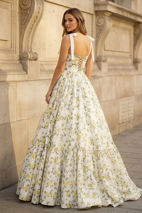 A - Line Sweetheart Floral Printed Satin Long Prom Dresses - KissProm