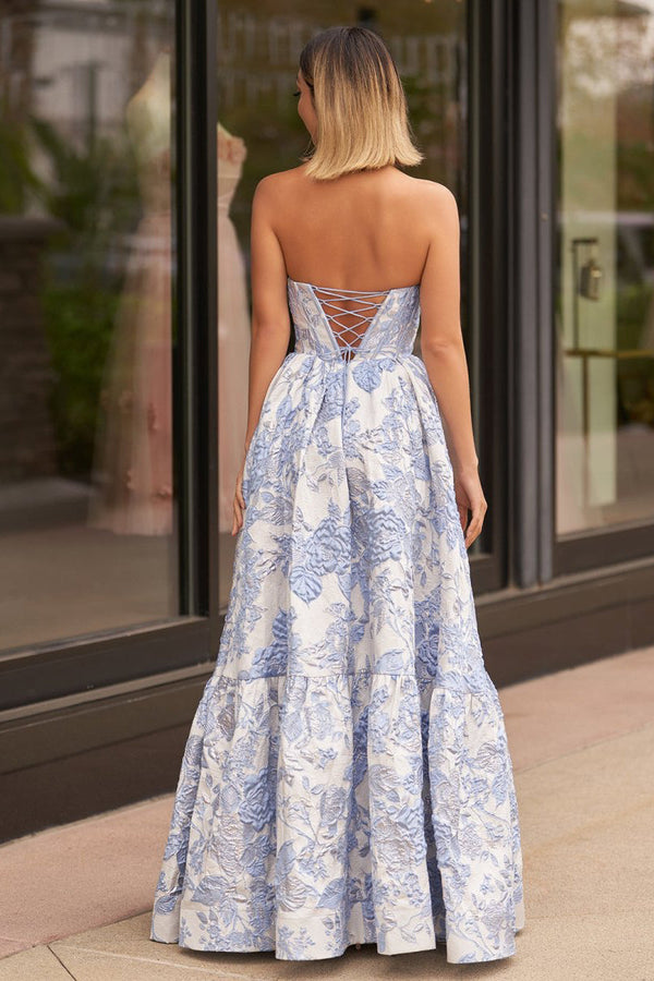Delice | Blue - A-Line Sweetheart Floral Printed Long Prom Dresses -KissProm