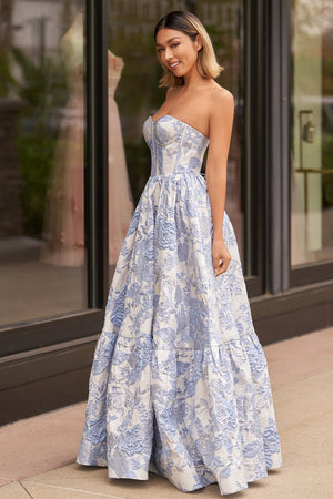 Delice | Blue - A-Line Sweetheart Floral Printed Long Prom Dresses -KissProm