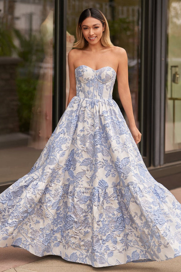 Delice | Blue - A-Line Sweetheart Floral Printed Long Prom Dresses -KissProm