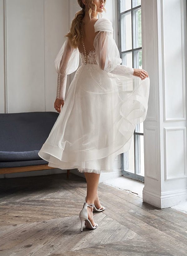 A-Line Sweetheart Long Sleeves Elegant Tulle Wedding Dresses With Appliques Lace