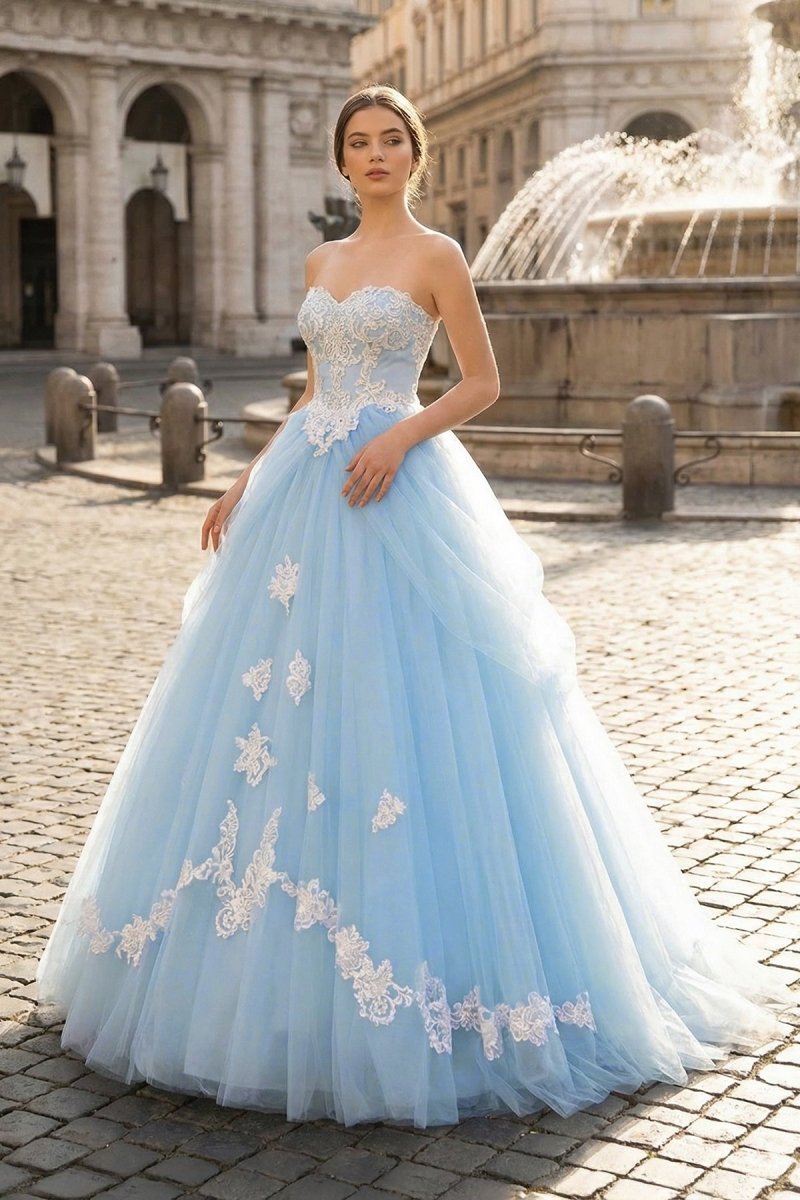 A - Line Lace Sweetheart Neck Blue Long Prom Dress - KissProm