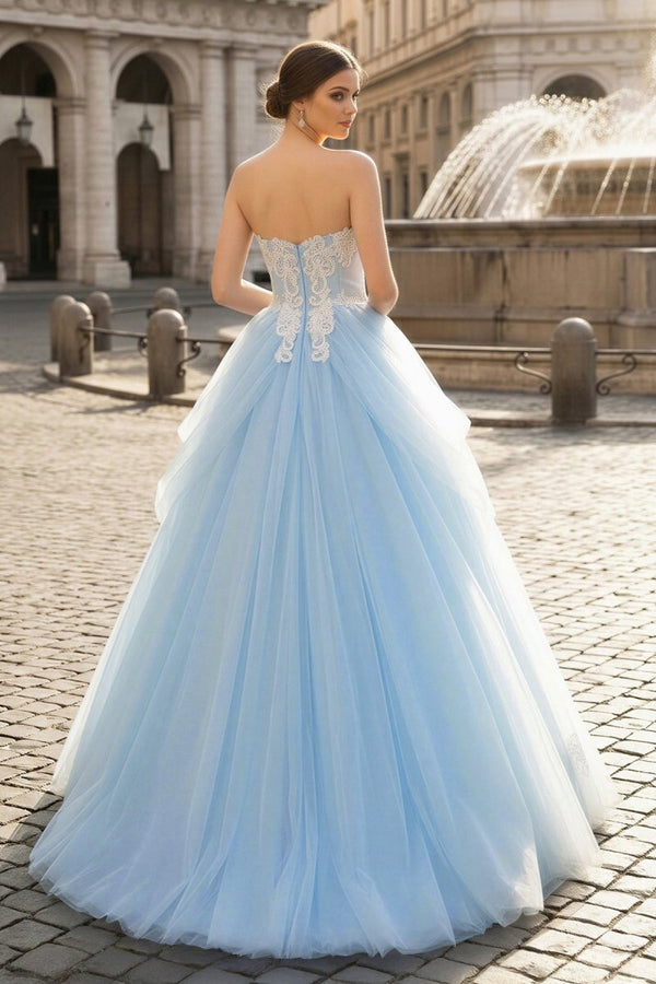 A - Line Lace Sweetheart Neck Blue Long Prom Dress - KissProm