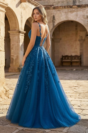A Line Ink Blue Glitter Tulle Lace Prom Dress - KissProm