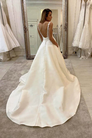 A-Line V-neck Lace Appliques Satin Wedding Dress Bridal Gowns