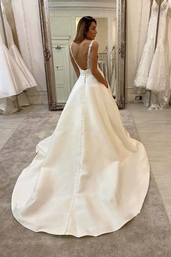 A-Line V-neck Lace Appliques Satin Wedding Dress Bridal Gowns